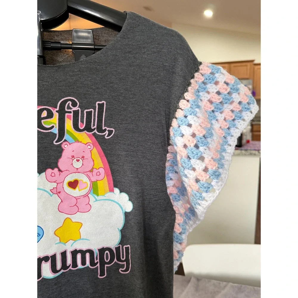 One of a Kind Upcycled Care Bears Graphic Tee with Hand Crocheted Sleeves Large